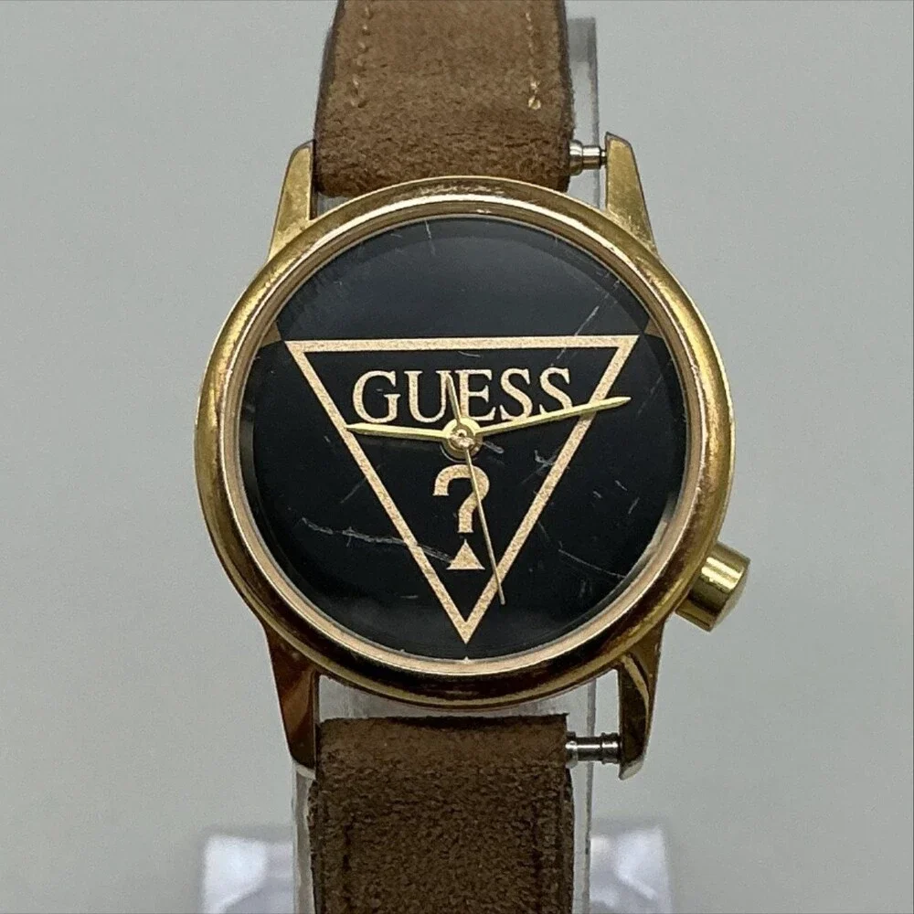 Vintage Guess 1991 Womens Watch 25mm Black Logo Dial Gold Tone New Battery